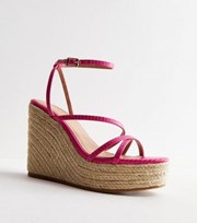 New Look Bright Pink Faux Croc Strappy Espadrille Wedge Heel Sandals
